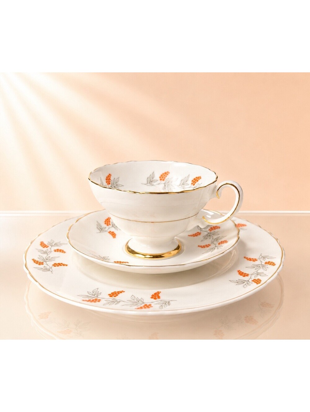 Crown Staffordshire 1960s Tea Trio Eden Red Bone China Cup Saucer Plate